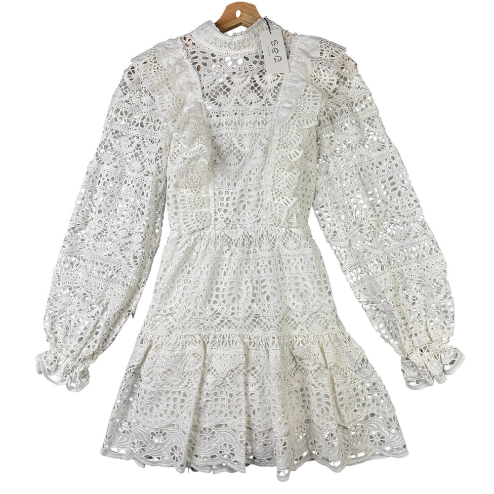 Sea New York White Eyelet Lace Ruffle Open Back Mini Dress RS22-066 Size 0